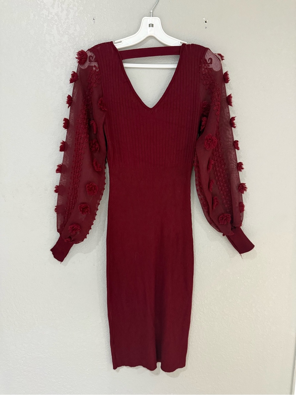 Women's Burgundy Knit Dress with Sheer Floral Puff Sleeves